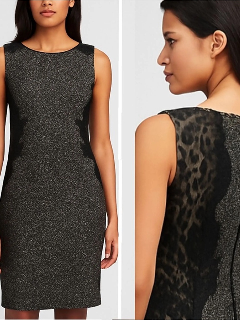 Elie Tahari Estelle Tweed Wool Lace Sheath Dress Sz 10 Animal Print Black Grey